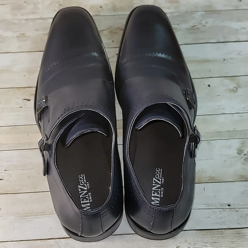Menz GGG Double Monk Strap Men's Dress Shoes Navy Blue Pleather‎ Silver Hardware
